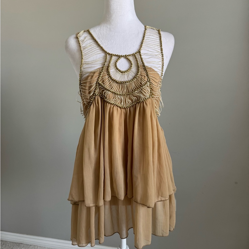 Arden B Beige Tiered Beaded Tank Top